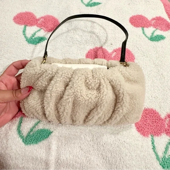 STAUD Beige Shearling Clutch with Black Handle - Picture 2 of 5